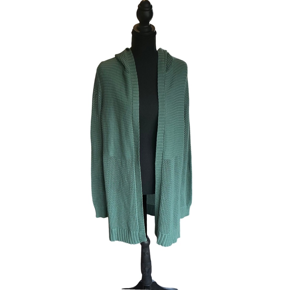 Marled Womens Green Mixed Knit Hooded Open Front Cardigan Small Minimalist